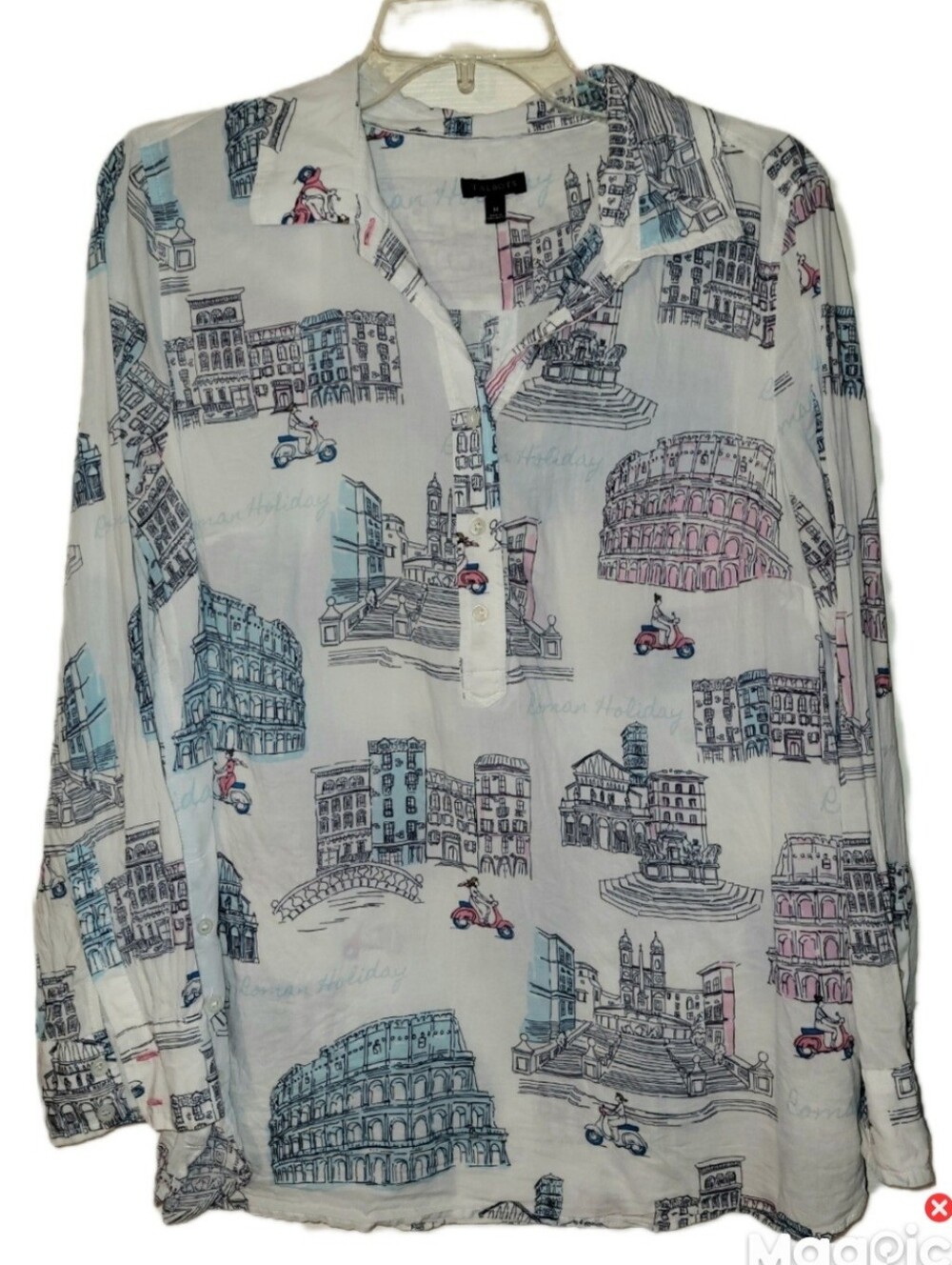 Talbots Roman Holiday Cute Quirky Soft Cotton Med Popover Blouse Button Accents